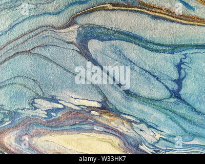 Sfondo di blu e giallo spruzzi di vernice. Frammento di opere d'arte. La texture di sfondo Foto Stock