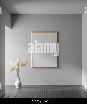 Mock up del fotogramma poster in arredamento moderno con pareti in calcestruzzo. Camera minimalista design. 3D'illustrazione. Foto Stock