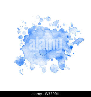 Acquerello blot di blu con schizzi e macchie. Isolato blot blu su sfondo bianco. Disegnato a mano. Foto Stock