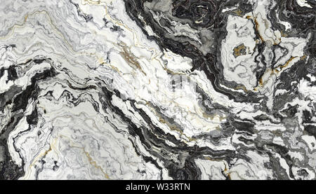 Marmo bianco e nero con motivo curly grigio e nero nelle vene. Abstract texture e background. 2D illustrazione Foto Stock