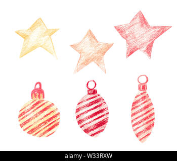 Set di stelle e decorazioni di Natale. Scatole di festa nella carta di avvolgimento con nastri di colore rosso. Le stelle sono di colore rosso, giallo e arancione. Le palle di Natale e ghiaccioli Foto Stock
