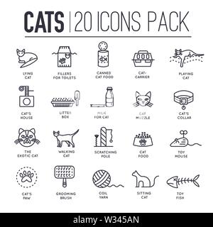 Set di linea sottile icone sulla riproduzione, alimentazione dei gatti isolato su bianco. Animali domestici cura pittogrammi outline collezione. I gattini di giocattoli e cibo lo Illustrazione Vettoriale