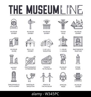 Set di costruzione del museo e gli oggetti linea sottile icone isolato su bianco. Exposition artefatti e dipendente pittogrammi outline collezione. Sala Esposizioni Illustrazione Vettoriale