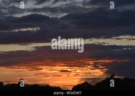 Tramonto sul flat suffolk campi con alcuni alberi in lontananza, viola scuro nuvole e un bello e caldo bagliore arancione nel cielo. Foto Stock