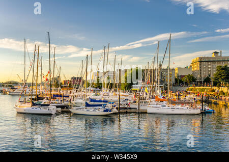 Barche a vela ormeggiata ai pontili in Victoria Inner Harbour al tramonto Foto Stock