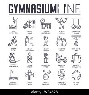 Set di palestra linea sottile, icone, loghi isolati su sfondo bianco. Fitness, yoga e sport pittogrammi outline collezione. Atletica, equipm di formazione Illustrazione Vettoriale