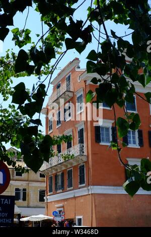 Corfù Corfù città questo edificio sembrava molto fotogenico soprattutto attraverso gli alberi. L' edificio è stato vicino al porto. Foto Stock