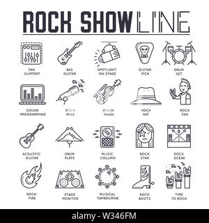 Set di roccia sottile mostra le icone della linea isolata su bianco. Vestiti, strumenti, attrezzature dei cantanti e dei lettori musicali pittogrammi outline collezione. Entert Illustrazione Vettoriale
