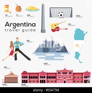Argentina travel guide modello. Impostare argentino di punti di riferimento, cibo icone piana, pittogrammi sul bianco. Attrazioni turistiche e culturali vecto simbolo Illustrazione Vettoriale