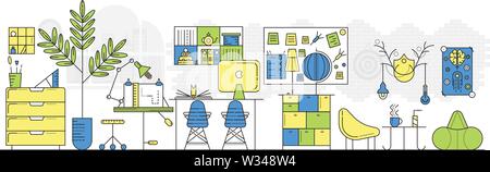 Ufficio moderno interno. Ambiente di lavoro con mobili: sedie, scrivania, mensole per documenti, computer, bacheca, lampade, impianti. Il lavoro creativo Illustrazione Vettoriale