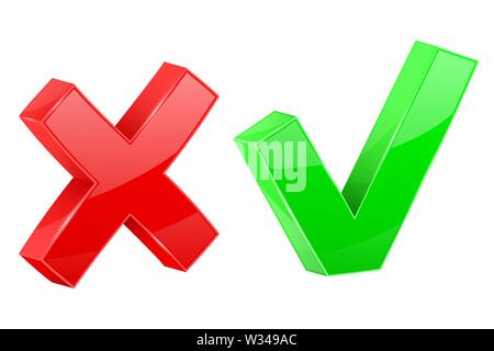 Segno di spunta di colore verde e rosso elimina segno. Web 3d icone lucido Illustrazione Vettoriale