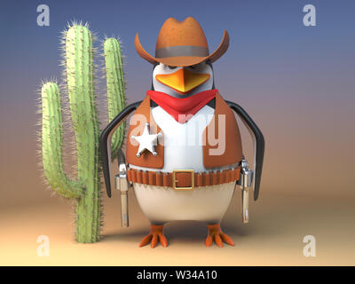 Wild West cowboy penguin sheriff sta salda dal cactus, 3D render illustrazione Foto Stock