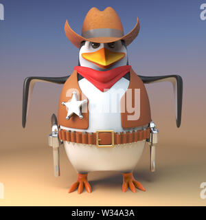 WIld west penguin cowboy sceriffo è veloce sul disegno in qualsiasi duello pistola, 3D render illustrazione Foto Stock