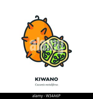 Kiwano o cornuto frutta melone icona, contorno a colori stile di riempimento illustrazione vettoriale, tutta la frutta e la sezione trasversale Illustrazione Vettoriale