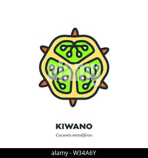 Kiwano o cornuto frutta melone icona, contorno a colori stile di riempimento illustrazione vettoriale, sezione trasversale Illustrazione Vettoriale