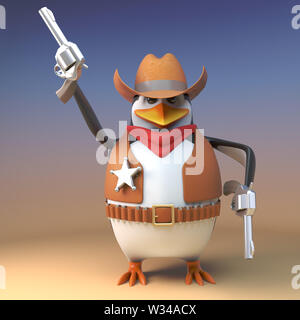 Wild West cowboy penguin sceriffo spara una delle sue pistole in aria per effetto, 3D render illustrazione Foto Stock