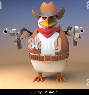 Wild West penguin sceriffo cowboy punti entrambe le sue pistole al visualizzatore per effetto drammatico, 3D render illustrazione Foto Stock