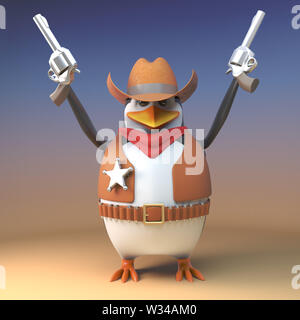 Arrabbiato cowboy penguin sheriff incendi entrambe le sue pistole in aria nel selvaggio West, 3D render illustrazione Foto Stock