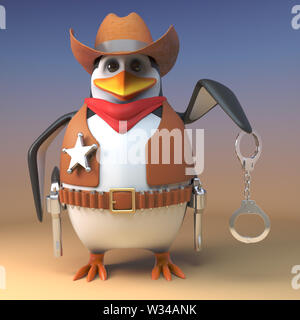 Wild West sceriffo cowboy penguin è circa di cattura di un villain con la sua manette prelevati, 3D render illustrazione Foto Stock