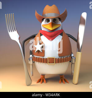 Fame Wild West sceriffo cowboy penguin tiene il suo coltello e forchetta pronto per i fagiolini, 3D render illustrazione Foto Stock