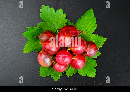 Rosso dolce acini di uva spina su sfondo nero Foto Stock