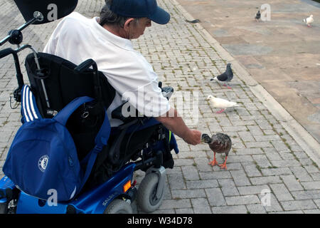 Immagine di un uomo legato a una sedia a rotelle di mezza età che alimenta un'anatra dalla sua mano ad Aylesbury, Buckinghamshire, Inghilterra, luglio 2019. Foto Stock