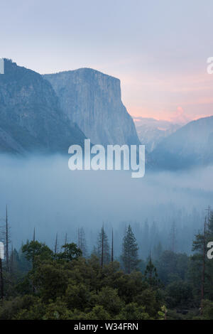 Classica vista del tunnel della panoramica Valle di Yosemite con la famosa El Cime di arrampicata su roccia Capitan e Half Dome in bella nebbia atmosfera al mattino