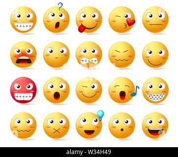 Gli Emoji vector icon set. Smiley face o emoticon giallo con varie espressioni facciali simili volto arrabbiato, denti sorridente e confuso isolato in bianco Illustrazione Vettoriale