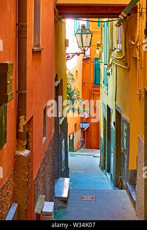 E colorata antica stradina nel villaggio di Riomaggiore, Cinque Terre, Italia Foto Stock