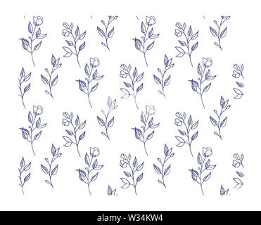 Rosa Blu pianta ramoscelli illustrazione botanica, floreali seamless pattern - illustrazione di fioritura rosaio rami e ramoscelli arricciata su bianco Foto Stock