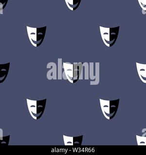 Modello senza cuciture con maschera teatrale icona. Due parti della maschera. Bianco e nero, il bene e il male. Illustrazione Vettoriale per design, web, avvolgimento pap Illustrazione Vettoriale