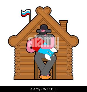 Bomba russa. Uomo e rucola. Folk nazionale capanna. Casa in legno. Armi nucleari in Russia. Illustrazione Vettoriale