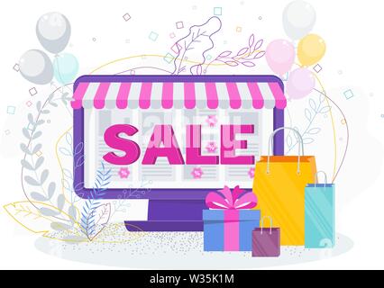 Computer e borse per lo shopping. In vendita in negozio online. Illustrazione Vettoriale