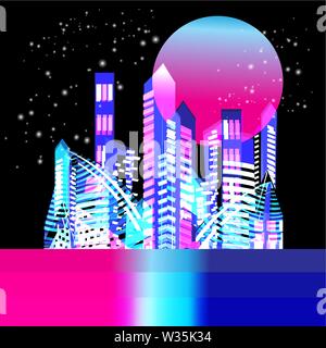 Vettore trendy bella città illuminata con grattacieli di notte con la luna. Modello per la progettazione di poster, biglietto di auguri o un banner. Illustrazione Vettoriale