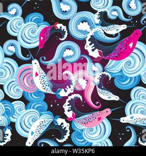 Seamless luminoso modello di marino con narwhal su sfondo ornamentale. Modello di progettazione per il tessuto, carta da parati o poster. Illustrazione Vettoriale