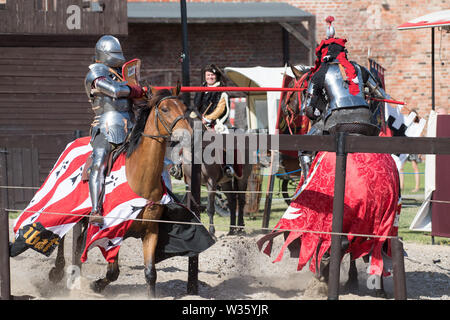 Ordine del Crescent knight Steve Mallett in giostre durante la XXVIII Miedzynarodowy Turniej Rycerski Krola Jana III (il Torneo del Re Giovanni I Foto Stock