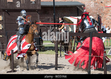 Ordine del Crescent knight Steve Mallett in giostre durante la XXVIII Miedzynarodowy Turniej Rycerski Krola Jana III (il Torneo del Re Giovanni I Foto Stock