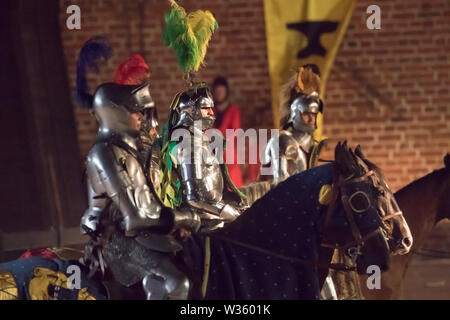 Adam Firyn in giostre durante la XXVIII Miedzynarodowy Turniej Rycerski Krola Jana III (il Torneo del Re Giovanni III) in stile gotico Ordine Teutonico cas Foto Stock