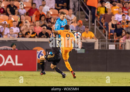 Texas, Stati Uniti d'America. 12 Luglio, 2019. Luglio 12, 2019 Los Angeles FC portiere Tyler Miller (1) con il salvataggio durante una partita tra Los Angeles FC e Houston Dynamo BBVA Stadium di Houston, Texas. A metà è tie 1-1. Credito: Cal Sport Media/Alamy Live News Foto Stock