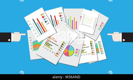 Due mani maschio punto le dita in una pila di grafici e diagrammi. Un sacco di fogli di carta con le statistiche sulle imprese. Idea creativa per Addetto finanziario Illustrazione Vettoriale
