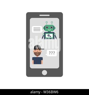 Concetto chatbot. Uomo in chat con chat bot in smartphone. In stile cartone animato. Illustrazione Vettoriale. Illustrazione Vettoriale