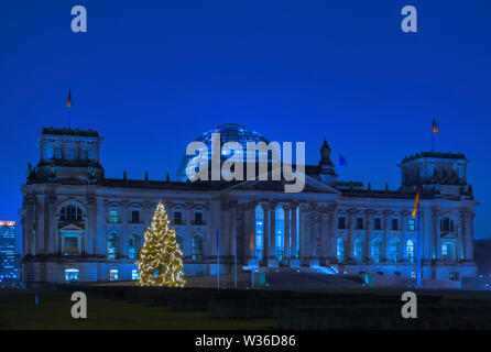 Albero di Natale in Frnt del Reichstag di notte, distretto governativo di Berlino, Germania, Europa Foto Stock