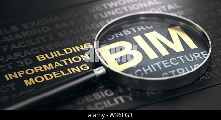 Lente di ingrandimento con il focus sull'acronimo BIM (Building Information Modeling) scritto in lettere dorate su sfondo nero. 3D'illustrazione. Foto Stock