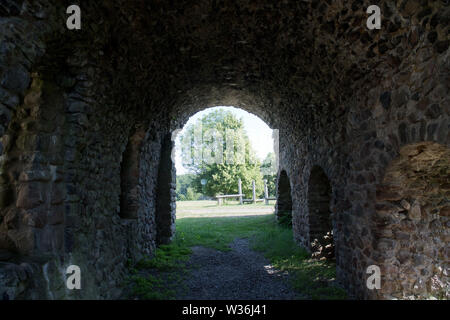 Stolpe, Germania. Il 26 giugno, 2019. I resti del monastero Stolpe rovina stand nel villaggio con lo stesso nome del Peene a. Il più antico monastero in Pomerania, che è stato anche il punto di partenza per la cristianizzazione di questa regione, è stato costruito nel 1153. Il più antico edificio di pietra in Pomerania fu distrutta in trenta anni di guerra. Credito: Stefan Sauer/dpa-Zentralbild/dpa/Alamy Live News Foto Stock