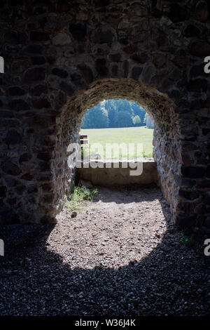 Stolpe, Germania. Il 26 giugno, 2019. I resti del monastero Stolpe rovina stand nel villaggio con lo stesso nome del Peene a. Il più antico monastero in Pomerania, che è stato anche il punto di partenza per la cristianizzazione di questa regione, è stato costruito nel 1153. Il più antico edificio di pietra in Pomerania fu distrutta in trenta anni di guerra. Credito: Stefan Sauer/dpa-Zentralbild/dpa/Alamy Live News Foto Stock