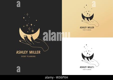 Disegnato a mano e logo icona della mano che tiene la luna. Esoterico, mistero illustrazione, scarabocchio e disegno impostato Illustrazione Vettoriale