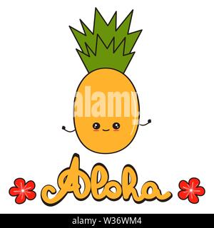 Carino disegnato a mano scritte aloha parola con il personaggio dei fumetti di ananas concetto divertente estate vettore illustrazione Illustrazione Vettoriale