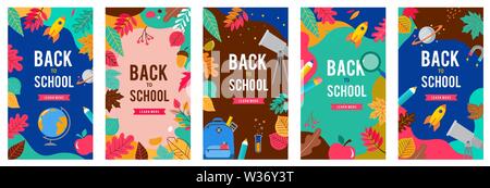 Si torna a scuola insieme di banner con foglie, penna, matita e apple su sfondi diversi. Scuola shopping, vendita di segni. Illustrazione Vettoriale. Illustrazione Vettoriale