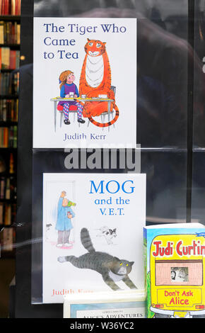 The Tiger Who Came To Tea e MOG e il V.E.T. Judith Kerr childrens copertine di libri sulla visualizzazione in una finestra del bookshop in Gran Bretagna UK KATHY DEWITT Foto Stock