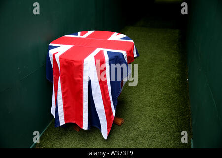 Una tabella di presentazione il giorno dodici dei campionati di Wimbledon al All England Lawn Tennis e Croquet Club, Wimbledon. Foto Stock